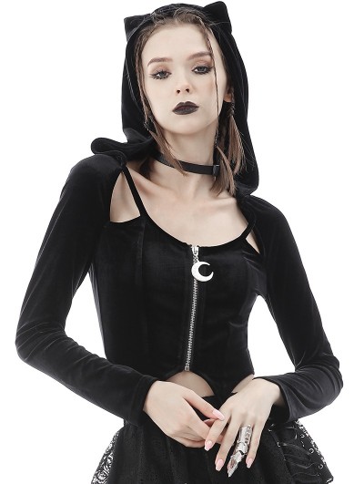 Dark in Love Black Gothic Sexy Cat Ear Fashion Hooded Long Sleeve Short Top for Women