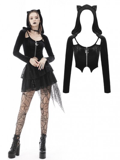 Dark in Love Black Gothic Sexy Cat Ear Fashion Hooded Long Sleeve Short Top for Women