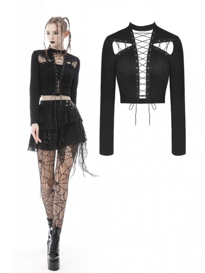 Dark in Love Black Gothic Punk Sexy Rope Long Sleeve Crop Top for Women