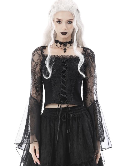 Dark in Love Black Gothic Vintage Lace Mesh Long Trumpet Sleeve Top for Women