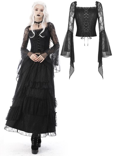 Dark in Love Black Gothic Vintage Lace Mesh Long Trumpet Sleeve Top for Women