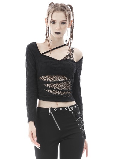 Dark in Love Black Gothic Punk Fashion Torn Net Sexy Long Sleeve T-Shirt for Women