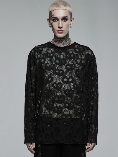 Punk Rave Black Gothic Daily Wear Skull Mesh Long Sleeve T-Shirt for Men