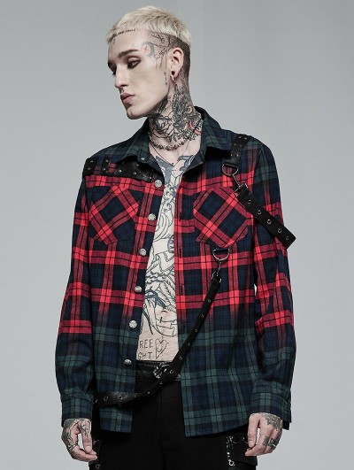 Punk Rave Red and Green Gothic Punk Plaid Casual Long Sleeve Shirt for Men