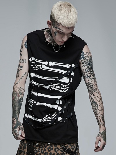 Punk Rave Black Gothic Punk Daily Wear Skeleton Printing Sleeveless T-Shirt for Men