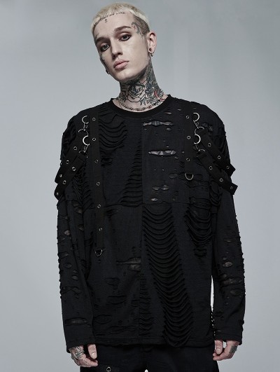 Punk Rave Black Gothic Punk Daily Wear Knitted Broken Holes Long Sleeve T-Shirt for Men