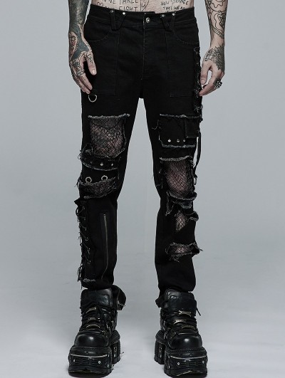 Punk Rave Black Gothic Punk Broken Mesh Decadent Long Trousers for Men