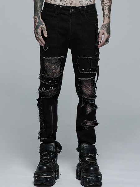 Punk Rave Black Gothic Punk Broken Mesh Decadent Long Trousers for Men ...
