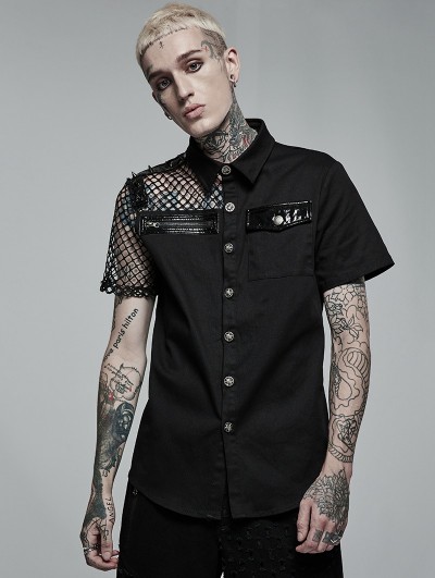Punk Rave Black Gothic Punk Asymmetric Stitching Short Sleeve Shirt for Men