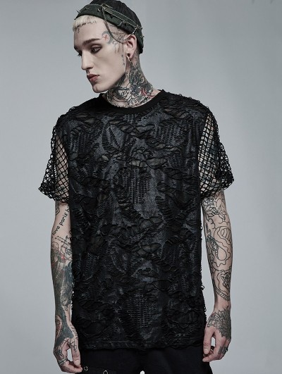 Punk Rave Black Gothic Daily Wear Knitted Broken Holes Short Sleeve T-Shirt for Men