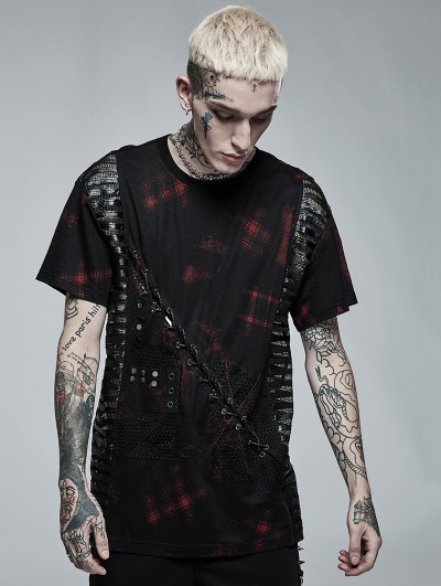Punk Rave Black and Red Gothic Punk Plaid Printing Short Sleeves T-Shirt for Men