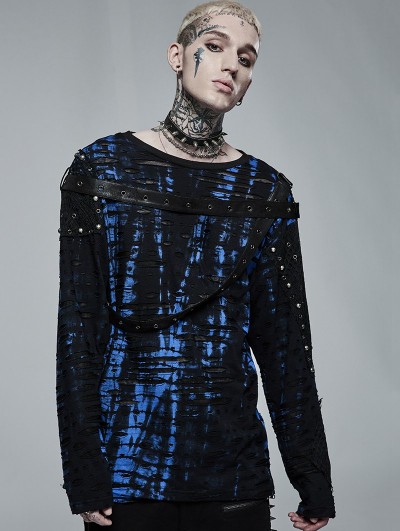 Punk Rave Black and Blue Gothic Punk Daily Wear Belt Printing Long Sleeve T-Shirt for Men