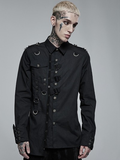 Punk Rave Black Gothic Punk Asymmetric Long Sleeve Shirt for Men