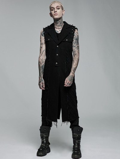 Punk Rave Black Gothic Punk Rivet Broken Holes Long Vest for Men