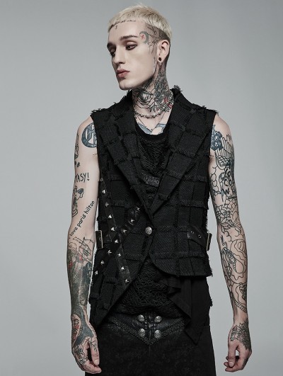 Punk Rave Black Gothic Punk Hollow Out Rivet Belt Asymmetric Vest for Men