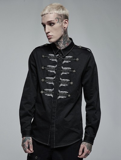 Punk Rave Black Gothic Punk Personalized Skull Embroidery Long Sleeve Shirt for Men