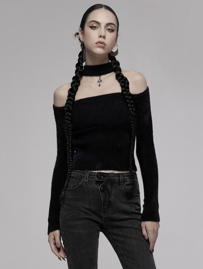 Punk Rave Black Gothic Off-the-Shoulder Daily Wear Sweater With Cross Pendant for Women