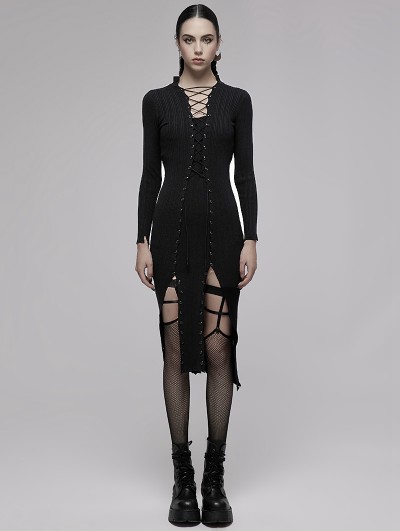 Punk Rave Black Gothic Dark Daily Wear Sexy Knitted Slit Dress