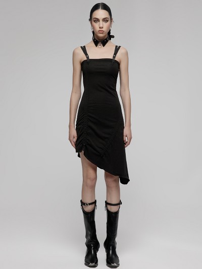 Punk Rave Black Gothic Punk Drawstring Folds Asymmetric Daily Wear Slip Dress