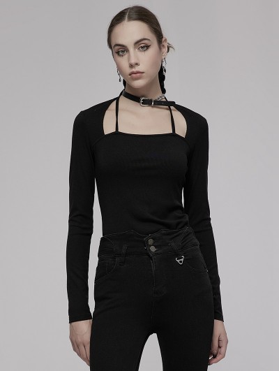 Punk Rave Black Gothic Daily Wear Long Sleeve T-Shirt With Choker for Women