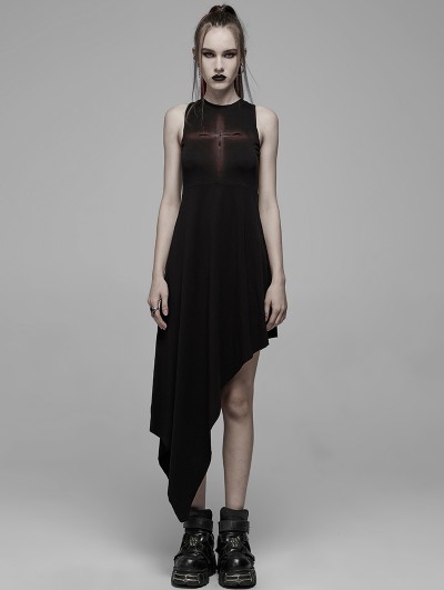 Punk Rave Black Gothic Street Fashion Hollowed Out Cross Spray Painted Asymmetric Dress