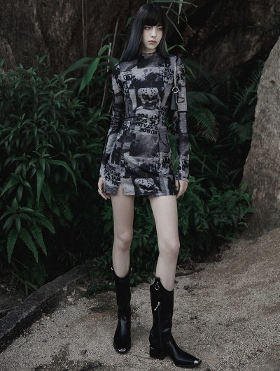 Punk Rave Black and Gray Fashion Gothic Fit Printed Long Sleeve Dress