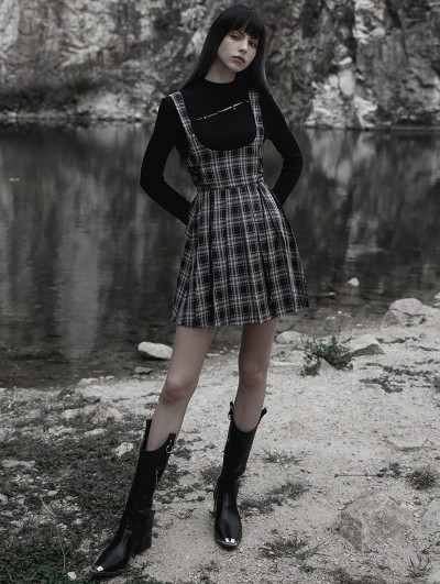 Punk Rave Black and White Plaid Gothic Pleated Strap Short Daily Wear Dress