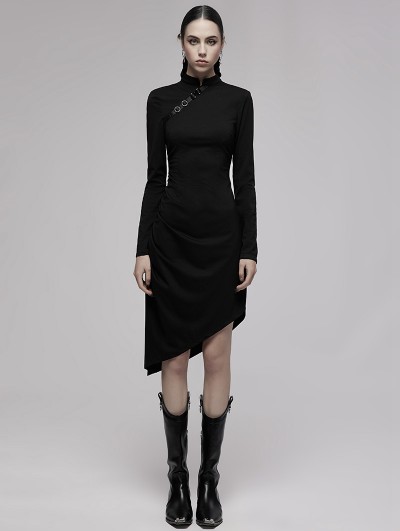 Punk Rave Black Gothic Punk Asymmetric Cheongsam Collar Long Dress