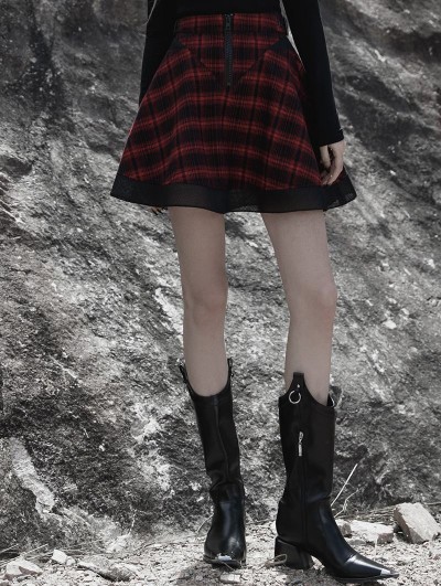 Punk Rave Black and Red Plaid Gothic Punk Mesh Stitching Daily Wear Short Skirt