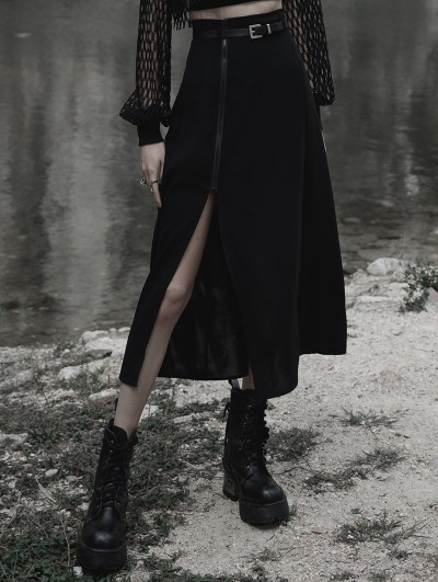 Punk Rave Black Gothic Simple A-Line Long Skirt with Detachable Belt