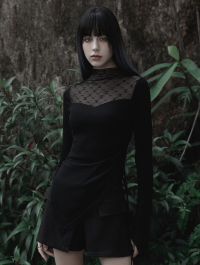Punk Rave Black Gothic Gauze Spliced Asymmetric Long Sleeve T-Shirt for Women
