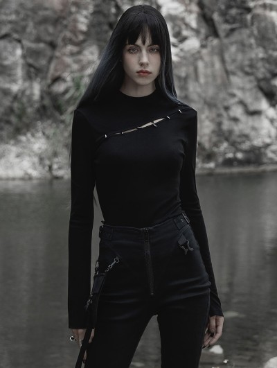 Punk Rave Black Gothic Fit Split Long Sleeve T-Shirt for Women