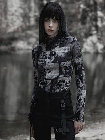 Punk Rave Black and Gray Printed Gothic Fit Split Long Sleeve T-Shirt for Women