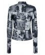 Punk Rave Black and Gray Printed Gothic Fit Split Long Sleeve T-Shirt for Women