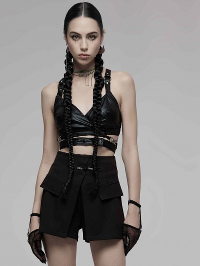 Punk Rave Black Gothic Punk Cross Strap Crop Top for Women