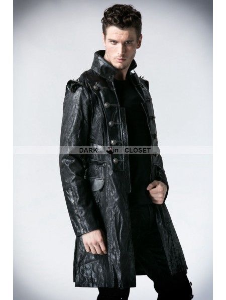 Punk Rave Black Leather Military Long Trench Coat for Men ...