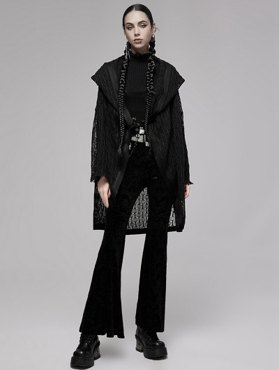 Punk Rave Black Gothic Knitted Daily Wear Hooded Long Cardigan for Women