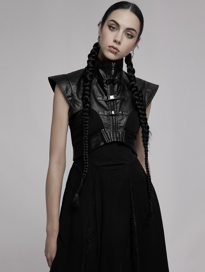 Punk Rave Black Gothic Punk Wide Shoulder Vest With Waist Loop