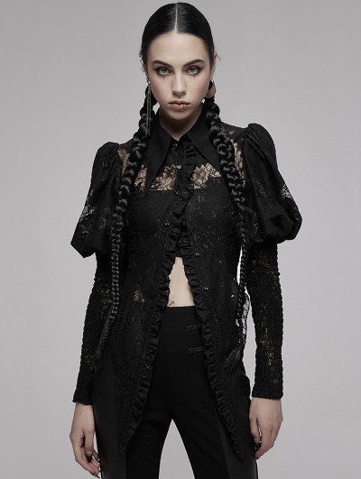 Punk Rave Black Vintage Gothic Irregular Princess Sleeve Lace Shirt for Women