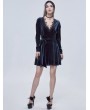 Devil Fashion Dark Blue Gothic Velvet Elegant V-Neck Long Sleeve Dress