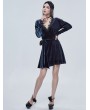 Devil Fashion Dark Blue Gothic Velvet Elegant V-Neck Long Sleeve Dress