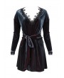 Devil Fashion Dark Blue Gothic Velvet Elegant V-Neck Long Sleeve Dress