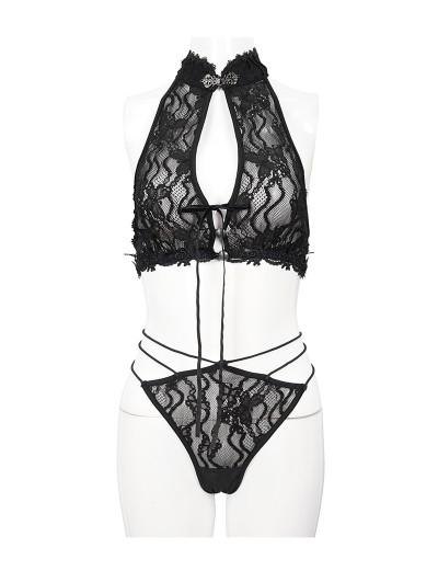 Devil Fashion Black Gothic Sexy Transparent Lace Two-Piece Lingerie Set