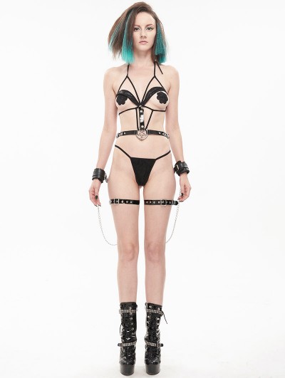Devil Fashion Black Gothic Punk Metal Chain Sexy Body Harness Lingerie Set