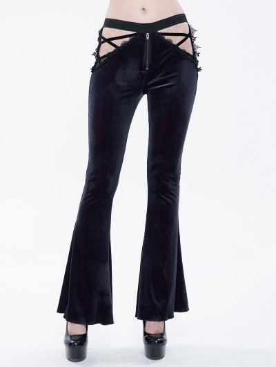 Eva Lady Dark Blue Gothic Velvet Sexy Hollow Out Lace Applique Flared Trousers for Women