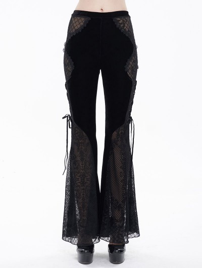 Eva Lady Black Gothic Sexy Velvet Lace Transparent Flared Trousers for Women