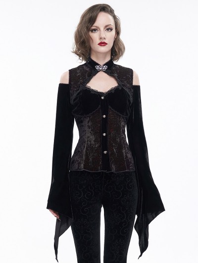 Eva Lady Black Vintage Gothic Elegant Velvet Off-the-Shoulder Long Sleeve Shirt for Women
