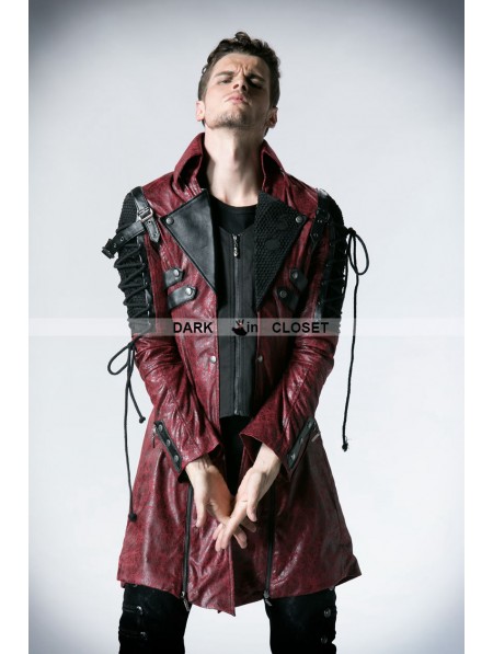 Punk Rave Red and Black Long Sleeves Leather Gothic Trench Coat for Men ...