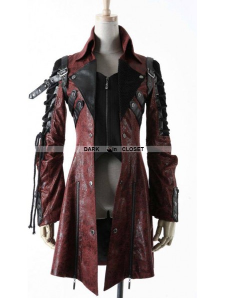 Punk Rave Red and Black Long Sleeves Leather Gothic Trench Coat for Men ...