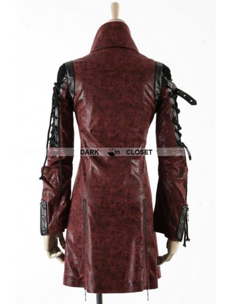 Punk Rave Red and Black Long Sleeves Leather Gothic Trench Coat for Men ...